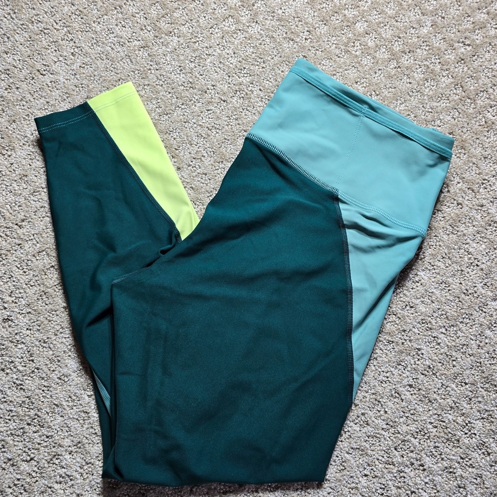 Old Navy Womens XL PowerSoft High Rise Leggings Teal Colorblock Go-Dry Pockets